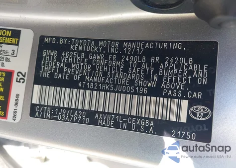 2018 Toyota Camry Hybrid Xle z USA, uszkodzony, nr VIN 4T1B21HK5JU005196